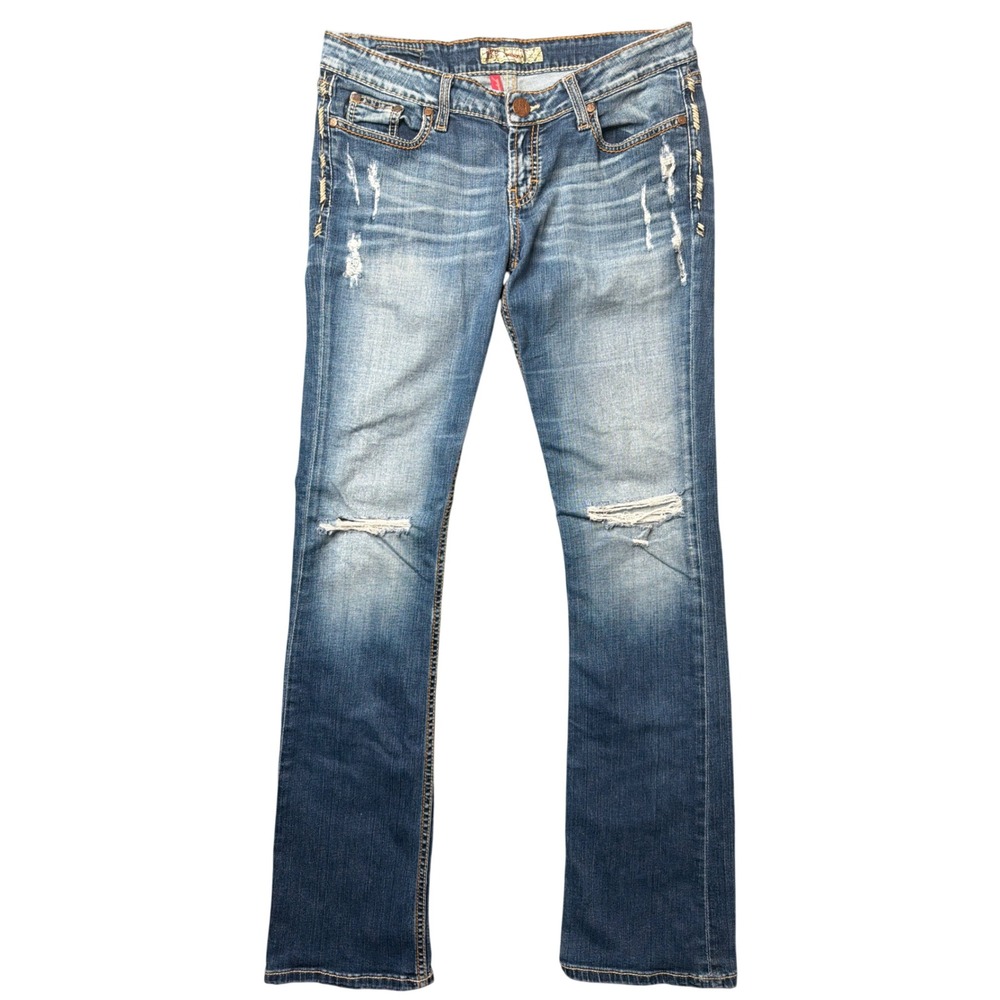 BKE Jeans Womens 33x35.5 Sabrina Boot Blue Distressed Embroidered Flap Pocket
